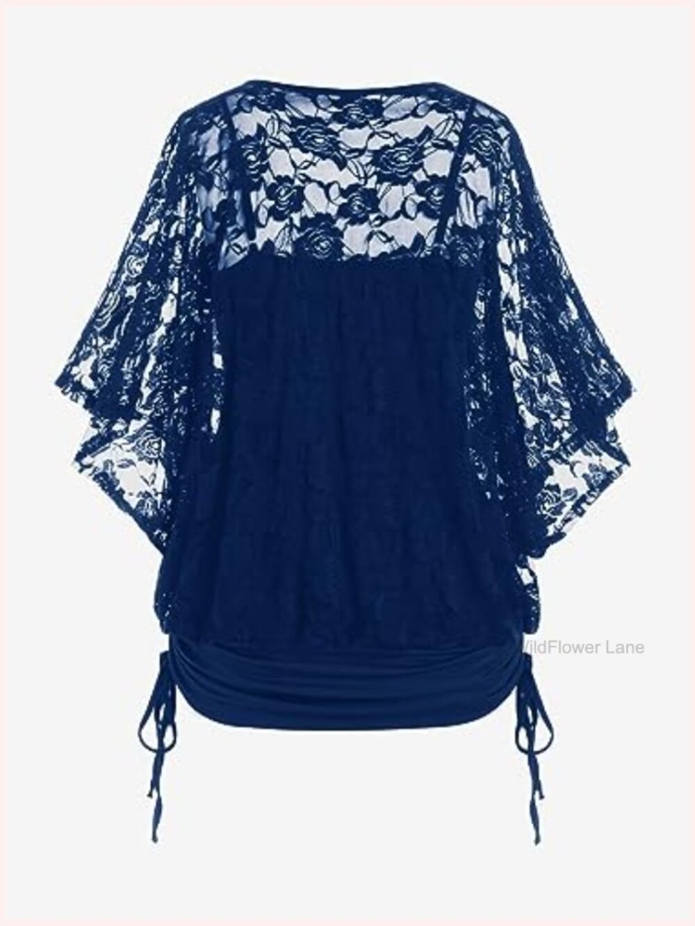 Plus Size Lace Back Tank Top - Ruched Batwing Sleeve Blouson - Picture 4 of 5